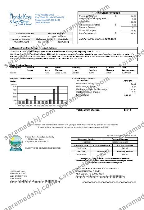 USA Florida Florida Keys business utility bill template in Word and PDF formats